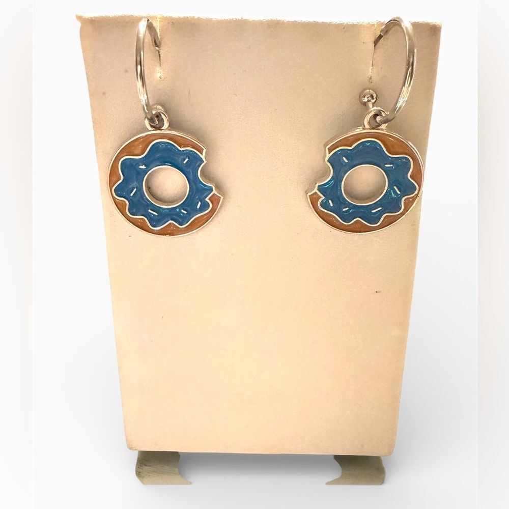 Donut Charm Hoop Earrings – Blue & Tan Enamel, Playful Statement Style